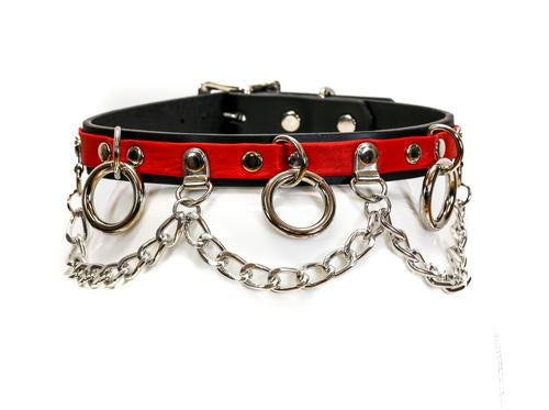 Black and red leather collar with silver hanging O rings and silver hanging chain.