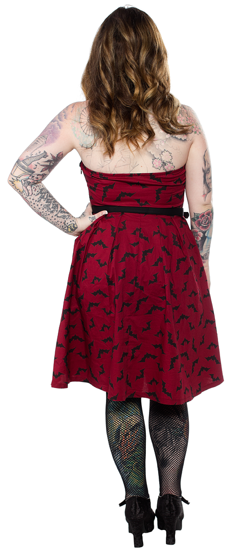 back view of Red spaghetti straps above the knee dress with black bat sihouette repeat pattern all over with attached adjustable black belt.