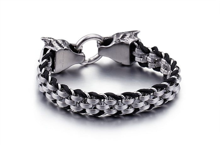 Black/Silver Colored Woven Double Wolf Head Bracelet