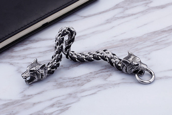 Black/Silver Colored Woven Double Wolf Head Bracelet