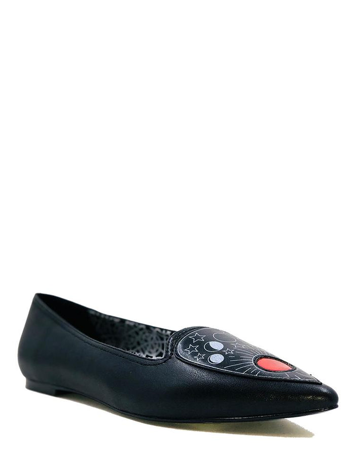 side of Black flats with pointy toe. Top of flats have silver Ouija board planchette print with red center. Inside sole of shoe is a black and white spiderweb-like pentagram print.