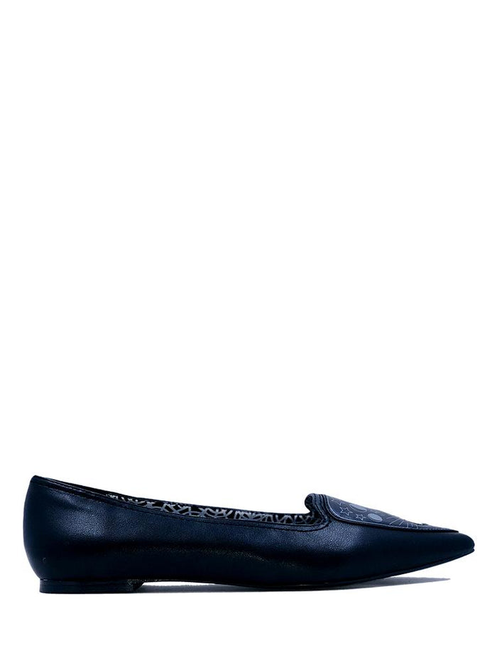 side of Black flats with pointy toe. Top of flats have silver Ouija board planchette print with red center. Inside sole of shoe is a black and white spiderweb-like pentagram print.