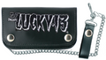 Black leather chain wallet with snap closures and a chain with a leather clasp to hook on your belt. Wallet has a black and white "Cramps" inspired Lucky 13 logo fully embroidered patch.
