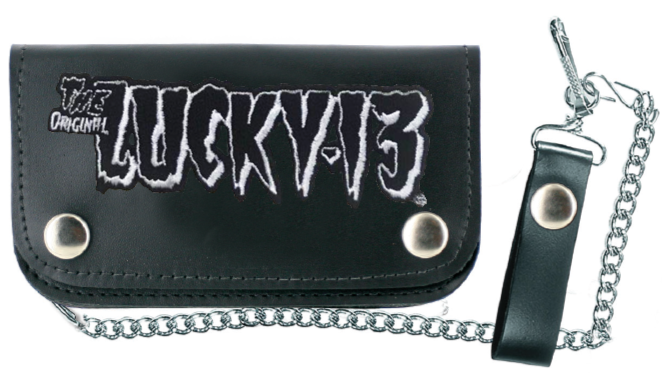 Black leather chain wallet with snap closures and a chain with a leather clasp to hook on your belt. Wallet has a black and white "Cramps" inspired Lucky 13 logo fully embroidered patch.