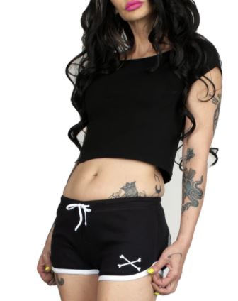 Black shorts with whitetrim and white skeleton hands design on both buttcheeks, white drawstring and white cross bones on front left
