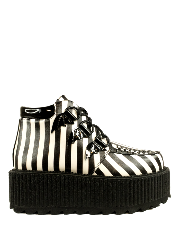 Black and white striped molded 2.5" platform creeper shoe. Shoes have bat wing d ring details with waxed cotton round black laces.