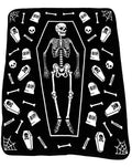 Skeleton, bones, skulls, coffin, gravestone, spiderweb pattern fleece throw blanket.