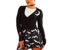 women's Black long sleeve short cropped cardigan with pink rose designs on outer wrists, white half moon and stars print on top left, and double half moon design on back with eyeball heart and bat