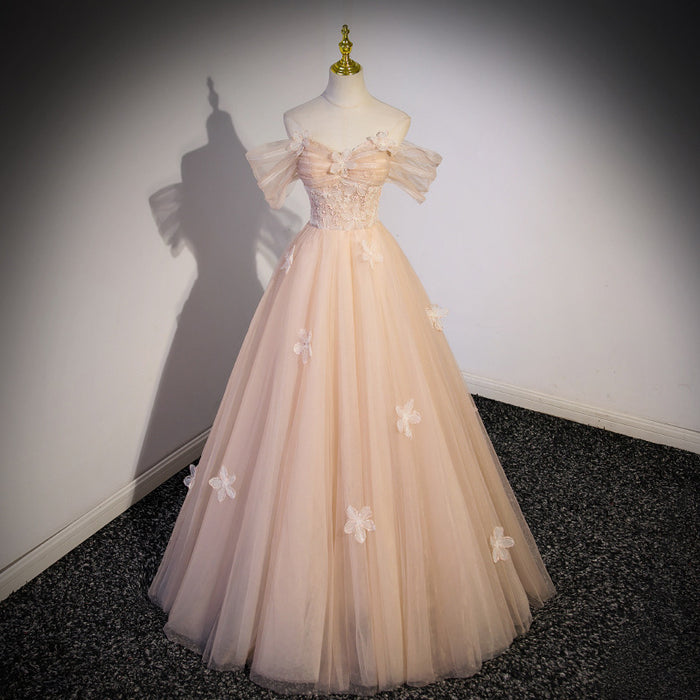 Blush Pink Tulle Formal Dress | Off-Shoulder Princess Style Evening Gown for Prom & Graduation