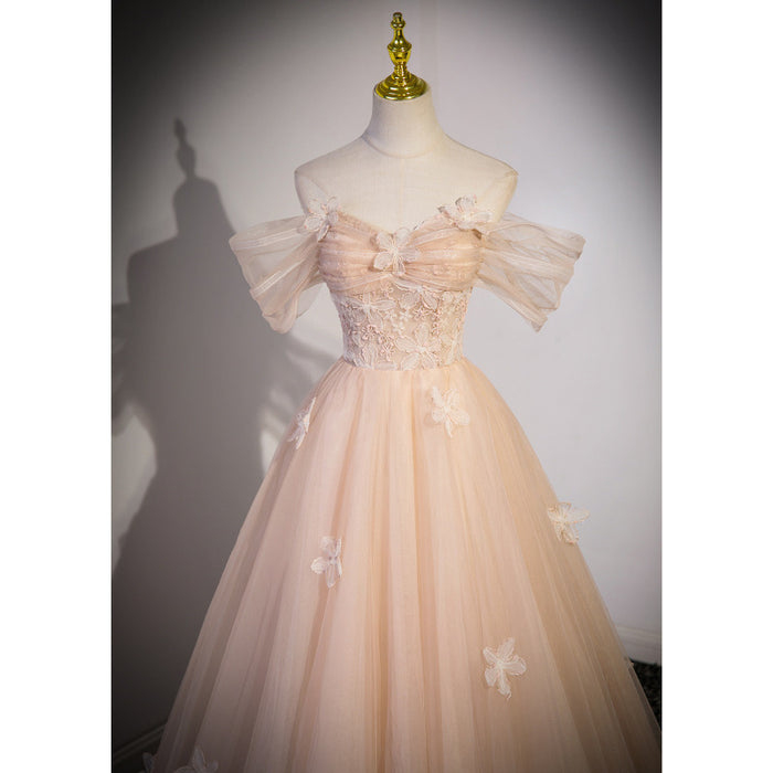 Blush Pink Tulle Formal Dress | Off-Shoulder Princess Style Evening Gown for Prom & Graduation