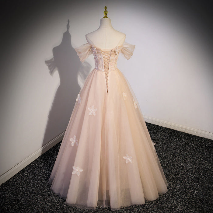 Blush Pink Tulle Formal Dress | Off-Shoulder Princess Style Evening Gown for Prom & Graduation