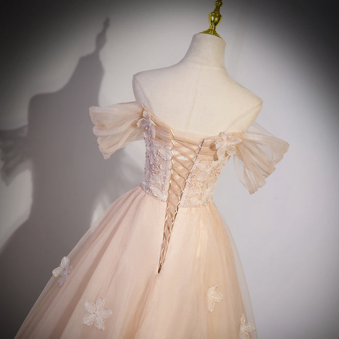 Blush Pink Tulle Formal Dress | Off-Shoulder Princess Style Evening Gown for Prom & Graduation