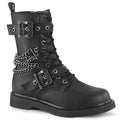 right side view of black vegan leather unisex mid-calf combat bootg, with 1 1/4" heel, 10 eyelets, top and bottom adjustable strap, and five row hanging chain on backside