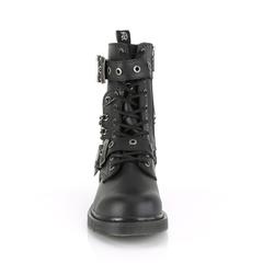 front  side view of black vegan leather unisex mid-calf combat bootg, with 1 1/4" heel, 10 eyelets, top and bottom adjustable strap, and five row hanging chain on backside