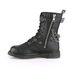 left side view of black vegan leather unisex mid-calf combat bootg, with 1 1/4" heel, 10 eyelets, top and bottom adjustable strap, and five row hanging chain on backside with full left side zip