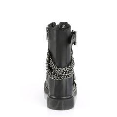 back side view of black vegan leather unisex mid-calf combat bootg, with 1 1/4" heel, 10 eyelets, top and bottom adjustable strap, and five row hanging chain on backside