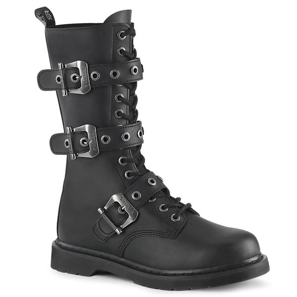 right side view of black vegan leather unisex mid calf combat boot with 1 1/4" heel, 14 eyelets and 3 adjustable buckle straps