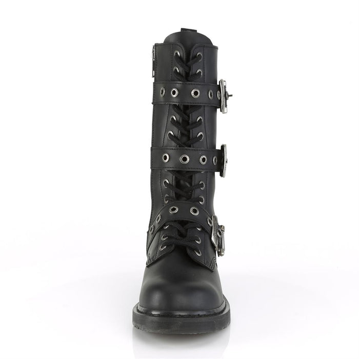 front side view of black vegan leather unisex mid calf combat boot with 1 1/4" heel, 14 eyelets and 3 adjustable buckle straps