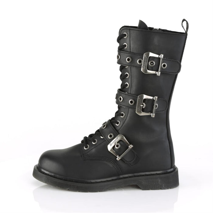 left side view of black vegan leather unisex mid calf combat boot with 1 1/4" heel, 14 eyelets and 3 adjustable buckle straps