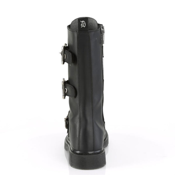 back side view of black vegan leather unisex mid calf combat boot with 1 1/4" heel, 14 eyelets and 3 adjustable buckle straps