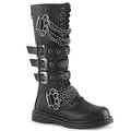right side view of black vegan leather knee high combat boot with 1.25" heel, 20 eyelet lace-up, brass knuckle with chain on top of shoe and base of shoe with three adjustable straps in the middle, full zipper on backside