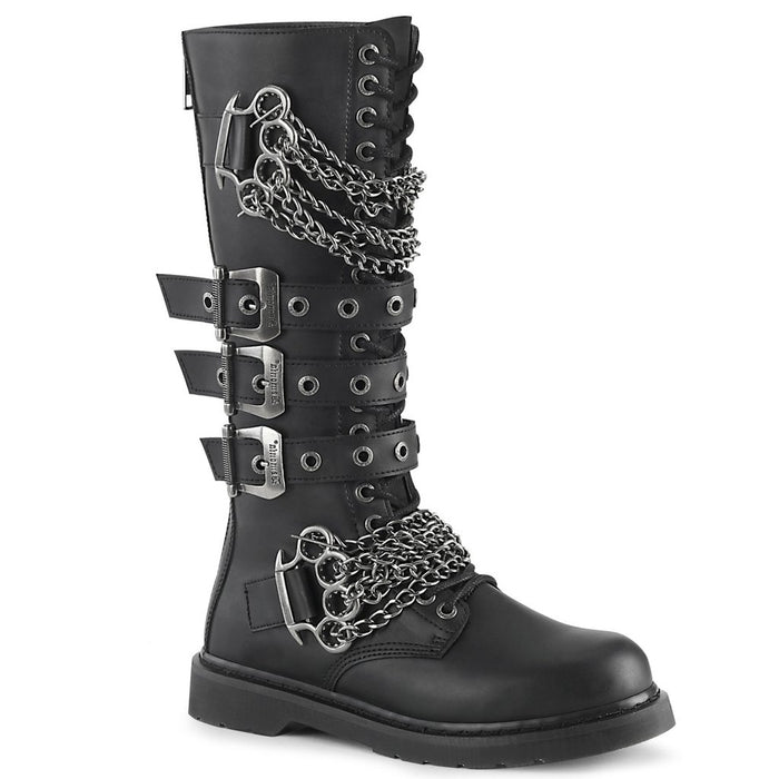 right side view of black vegan leather knee high combat boot with 1.25" heel, 20 eyelet lace-up, brass knuckle with chain on top of shoe and base of shoe with three adjustable straps in the middle, full zipper on backside
