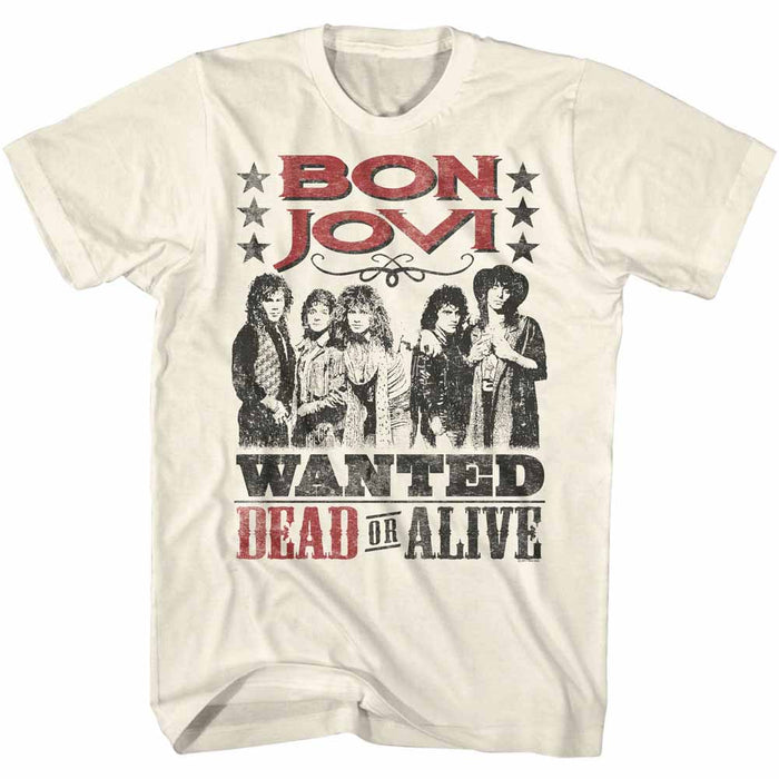 white bon jovi shirt with band picture and text that reads "wanted dead or alive"