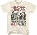 off white natural white bon jovi shirt with red logo on top, old school band picture in middle and text on the bottom that reads "wanted dead or alive"
