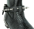 black leather bootstrap with multiple 1" silver spikes and silver hanging chain
