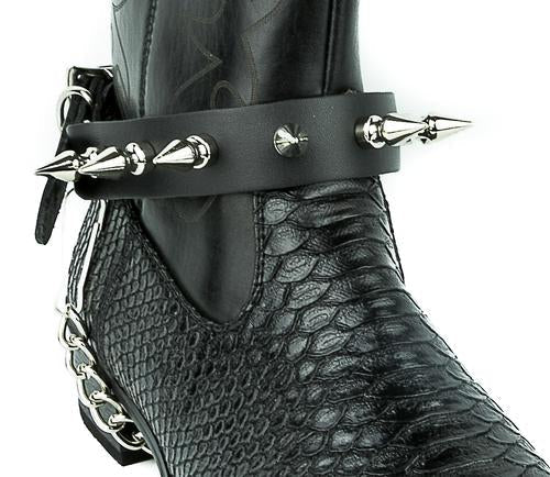 black leather bootstrap with multiple 1" silver spikes and silver hanging chain