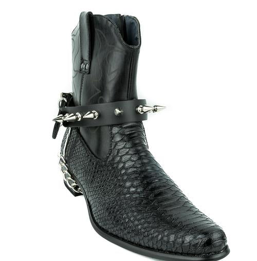 black leather bootstrap with multiple 1" silver spikes and silver hanging chain