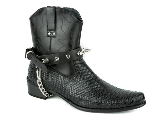 black leather bootstrap with multiple 1" silver spikes and silver hanging chain