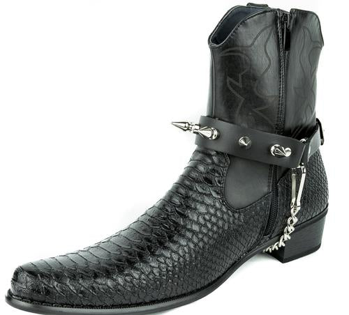 black leather bootstrap with multiple 1" silver spikes and silver hanging chain