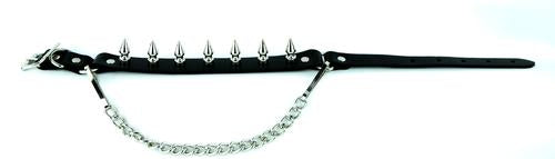 black leather bootstrap with multiple 1" silver spikes and silver hanging chain