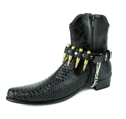cowboy boot pictured with .223 brass bullet bootstrap with chain underneath