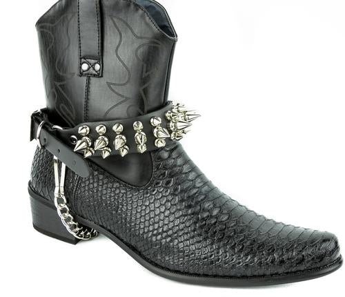 boot displaying black leather boot strap with three rows of half inch and one inch silver spikes and silver hanging chain