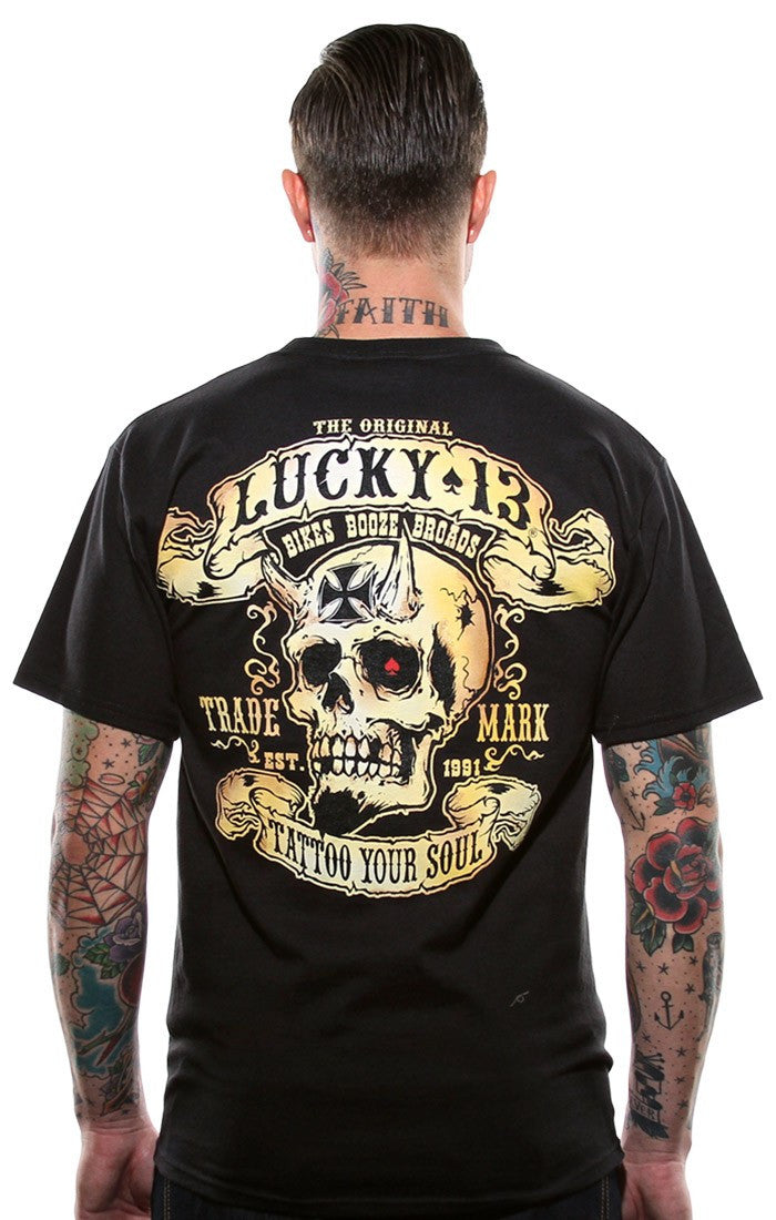 back of Black Lucky 13 t-shirt with a back print of the Lucky 13 "Booze, Bikes & Broads" graphic and a front left chest print to match.