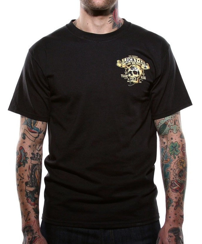 front of Black Lucky 13 t-shirt with a back print of the Lucky 13 "Booze, Bikes & Broads" graphic and a front left chest print to match.