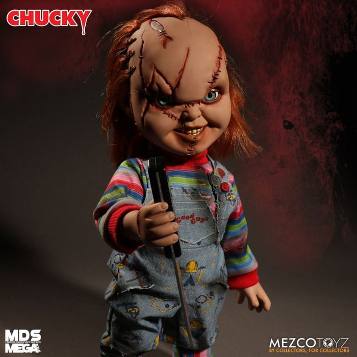 Chucky doll from Mezco Toyz with a dark background