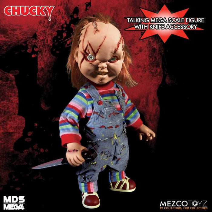 Chucky doll with knife accessory on a red and black background, featuring Mezco Toyz branding.