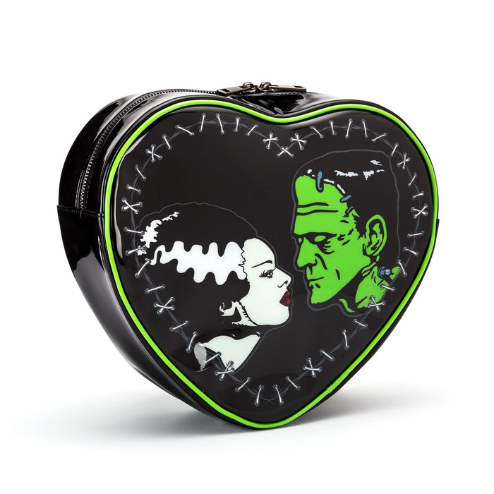 front of Black heart-shaped mini backpack with Bride and Frankenstein's monster graphic on front. Cobweb lining with one inside Velcro pouch.