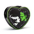 front of Black heart-shaped mini backpack with Bride and Frankenstein's monster graphic on front. Cobweb lining with one inside Velcro pouch.