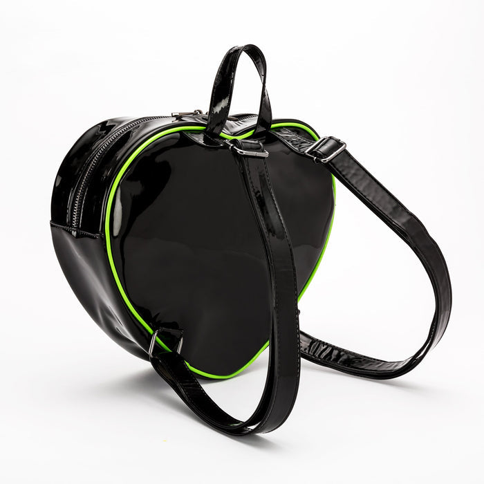 back of Black heart-shaped mini backpack with Bride and Frankenstein's monster graphic on front. Cobweb lining with one inside Velcro pouch.