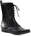 right side view of black vegan leather pointy toe ankle high 1" heel boot with 10 eyelet lace-up front