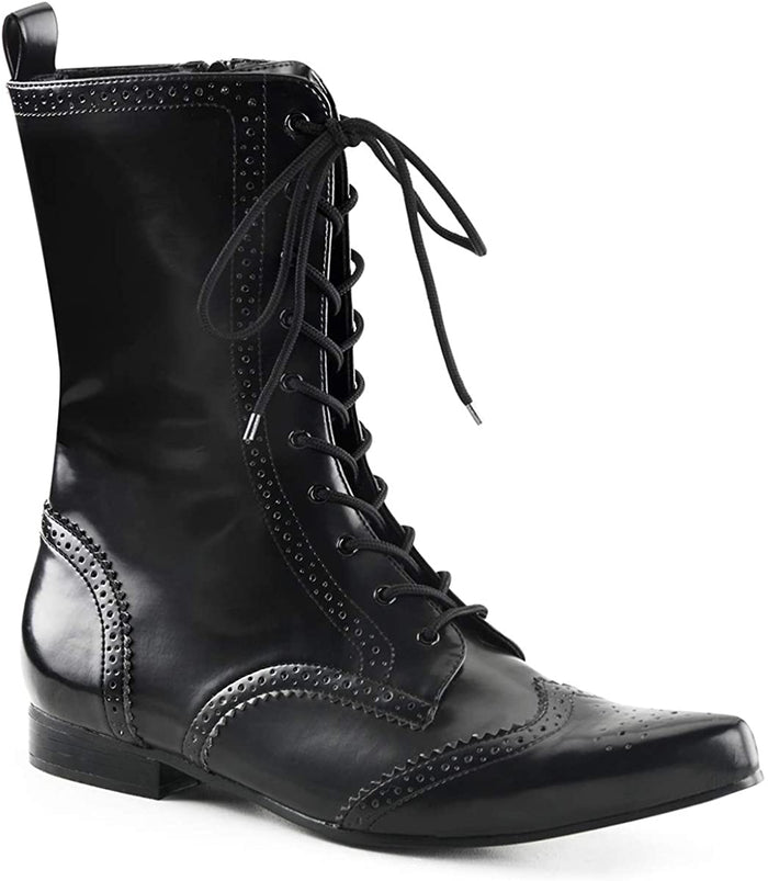 right side view of black vegan leather pointy toe ankle high 1" heel boot with 10 eyelet lace-up front
