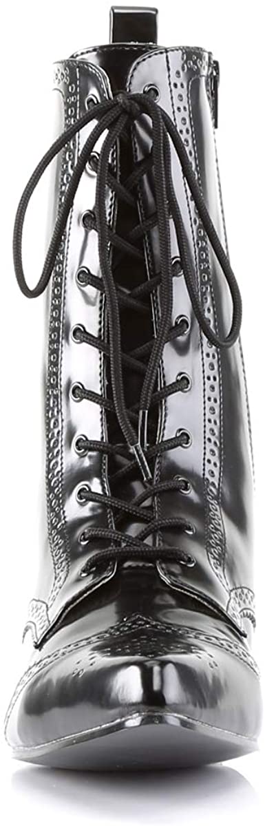 front side view of black vegan leather pointy toe ankle high 1" heel boot with 10 eyelet lace-up front