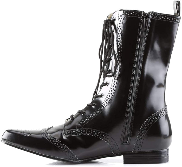 left side view of black vegan leather pointy toe ankle high 1" heel boot with 10 eyelet lace-up front with full left side zipper