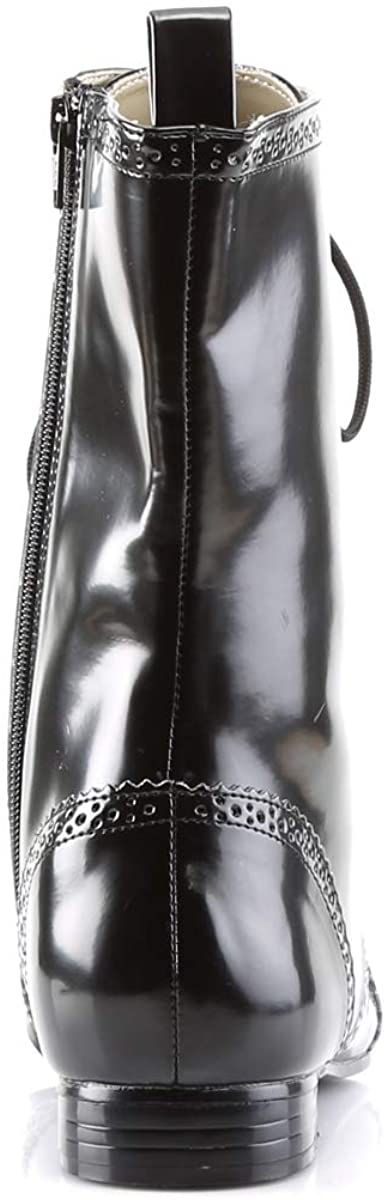 backside view of black vegan leather pointy toe ankle high 1" heel boot with 10 eyelet lace-up front