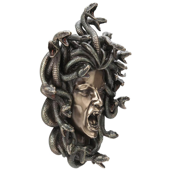 side view of Bronze painted Medusa snake head with open mouth