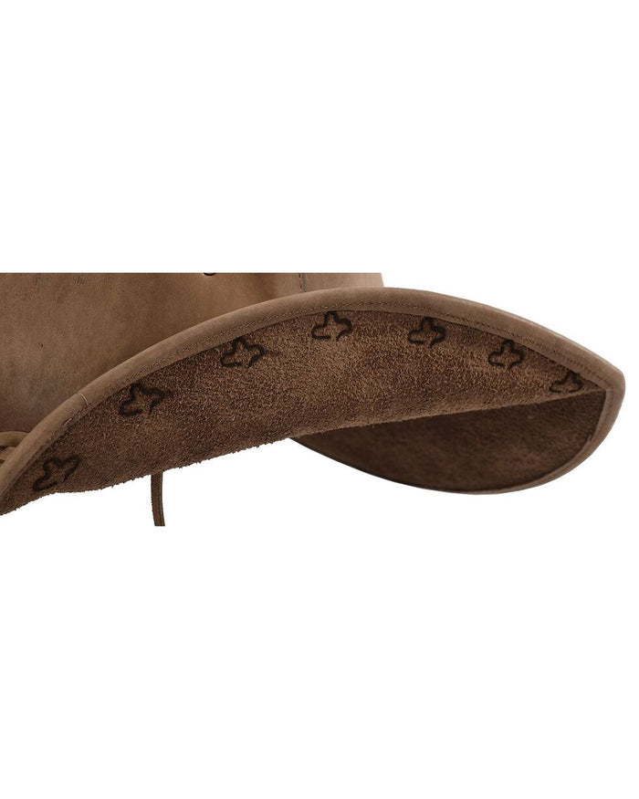 Real brown leather cowboy hat, braided leather around base, has adjustable chin strap
